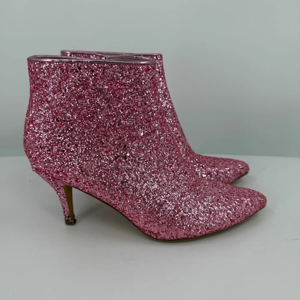 Allegra K Womens Pink Glitter Pointed Toe Kitten Heel Ankle Boots Size 9 Glam